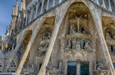 Detailed panoramic view on the bottom part of Sagrada Familia in Barcelona, Spain