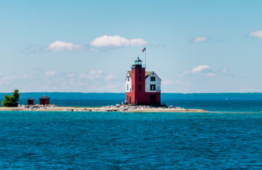 Shot of the lonely original lighthouse on Mackinac Island Michig