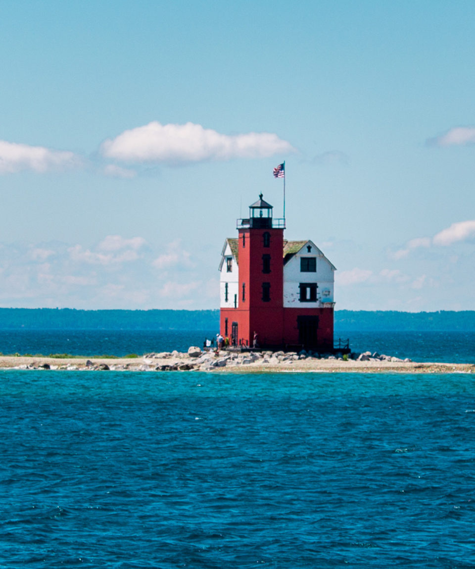 Shot of the lonely original lighthouse on Mackinac Island Michig