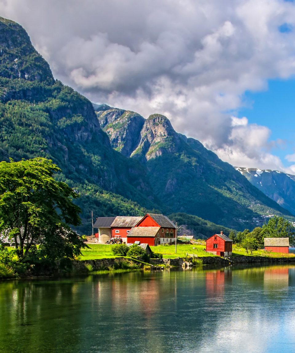 Amazing nature view with fjord and mountains. Beautiful reflecti