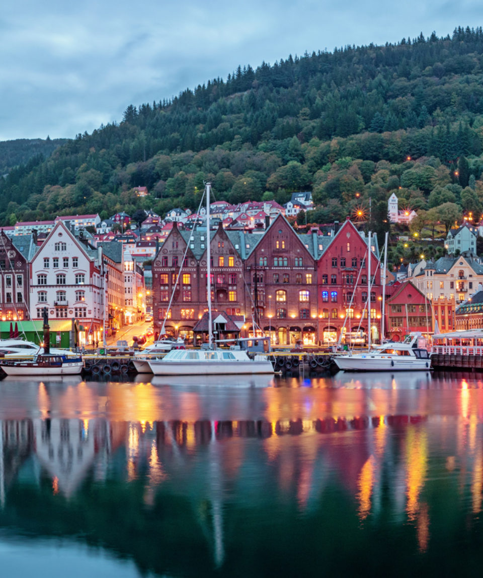 Historical buildings on the street in Bergen , Norway
